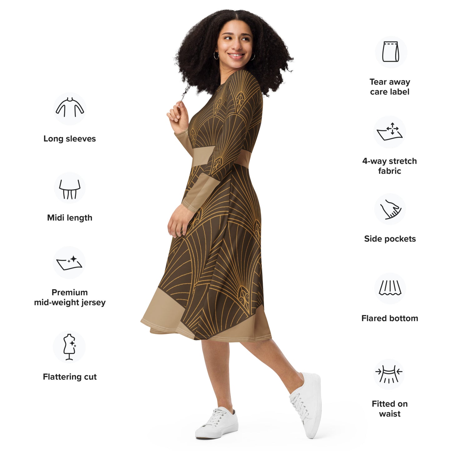 Women's Printed Midi Dress | Long Sleeve Midi Dress | 12Telve