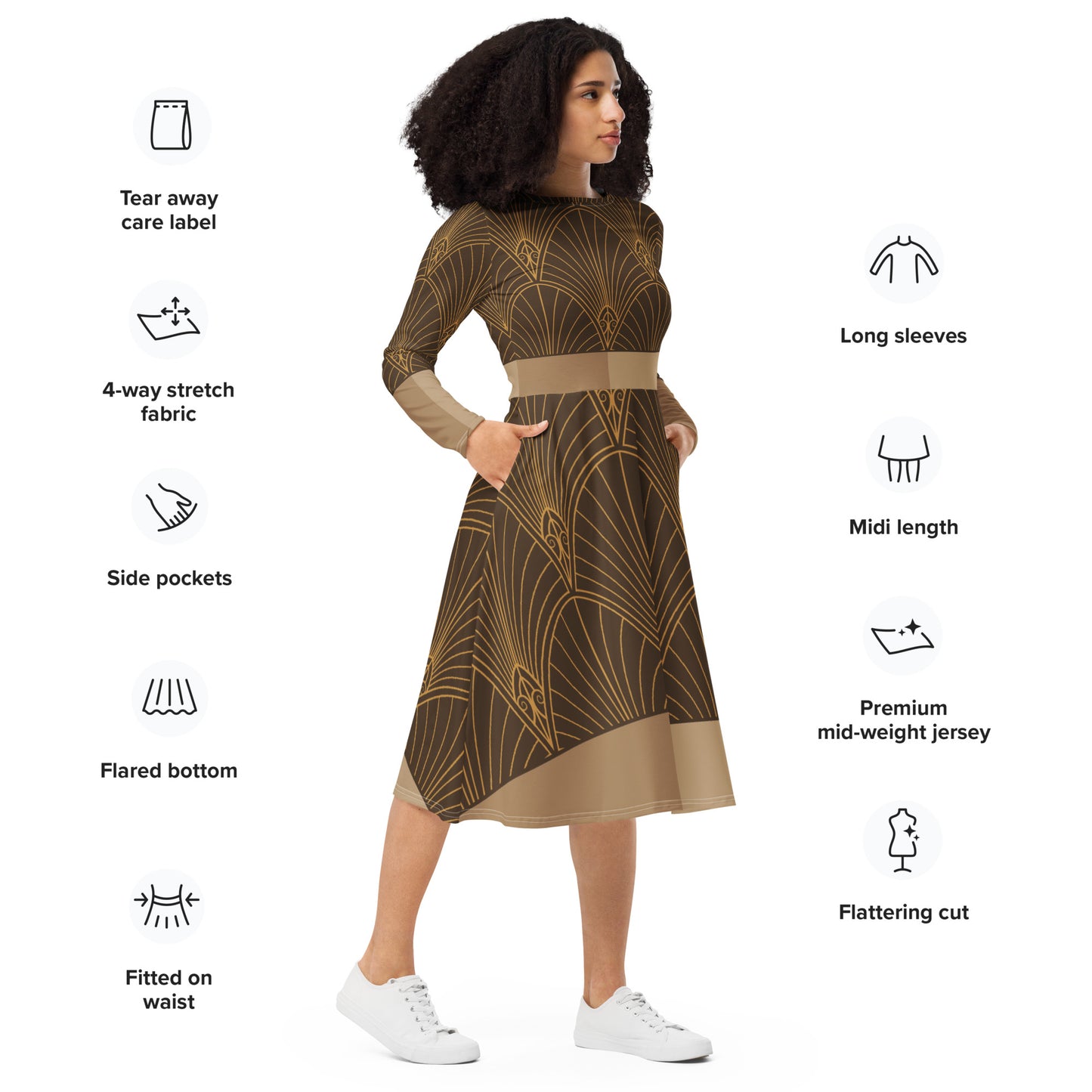 Women's Printed Midi Dress | Long Sleeve Midi Dress | 12Telve